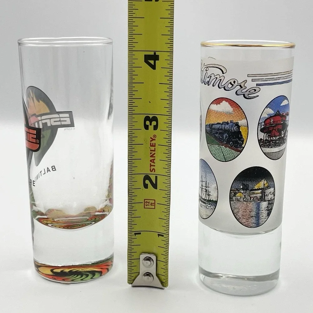 Vintage Baltimore Shot Glasses Set of 2 ESPN Zone Souvenir Gold‎ Rim 1990s